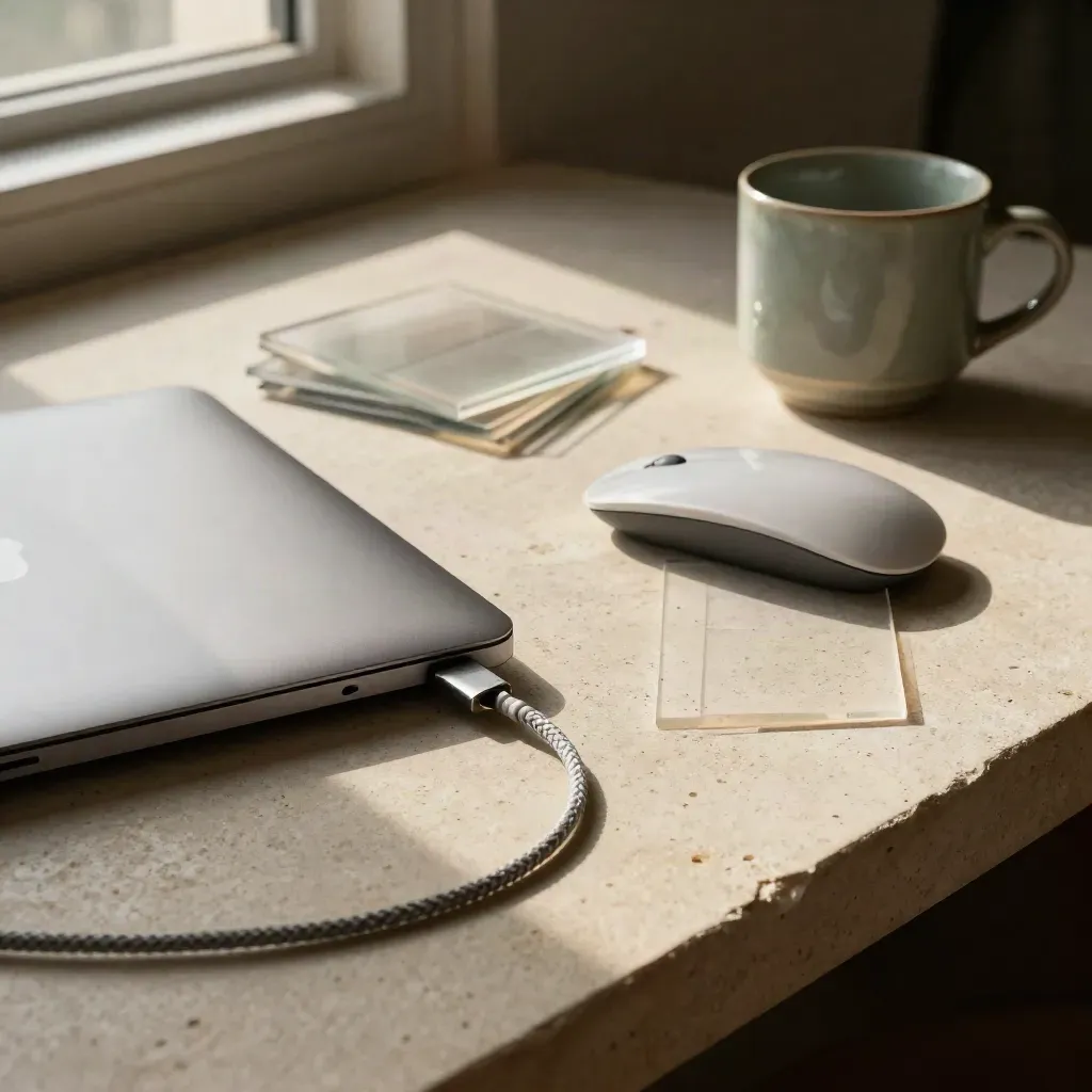 Zavřený notebook, myš, kabel a průsvitné návrhy na kamenném stole v chladném světle.