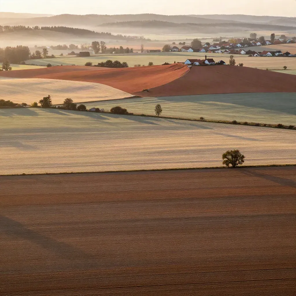 Vznešený letecký pohled na českou krajinu s mlhou a ranním světlem.